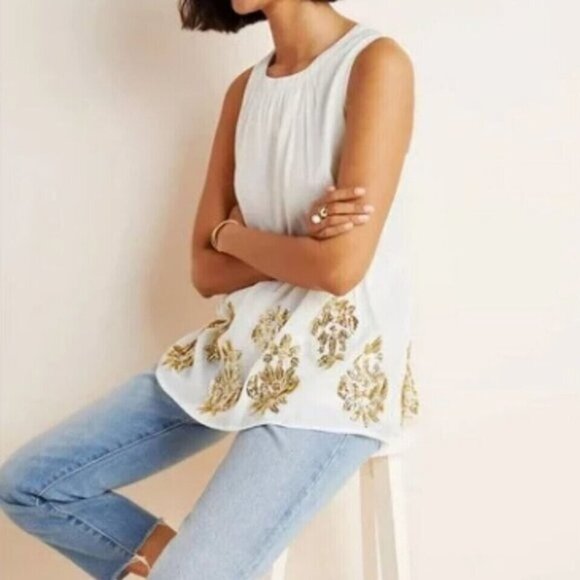 Maeve Anthropologie Simona Top Sm Sequined Cut Out Babydoll Blouse Ivory Gold - Picture 3 of 12